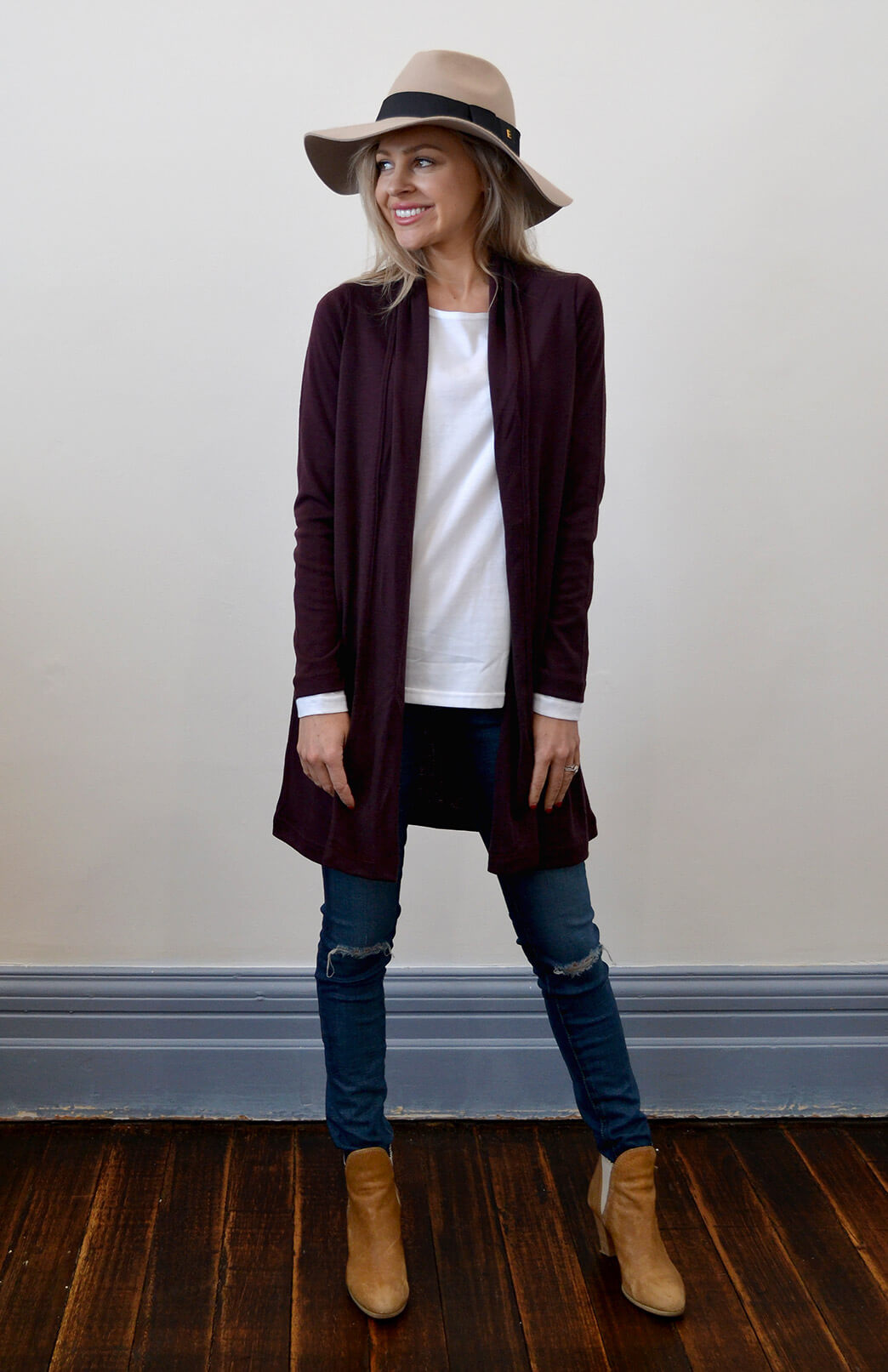 Raisin Purple Women&#39;s Merino Wool Drape Cardigan
