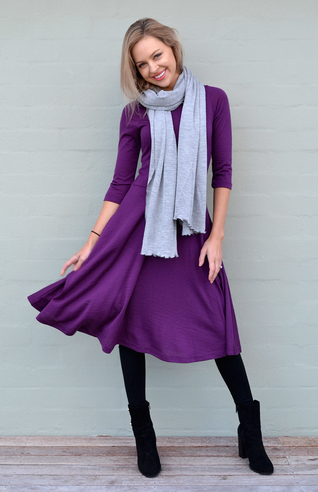 Boysenberry Purple Women&#39;s Merino Wool Fit and Flare Dress with 3/4 Sleeves
