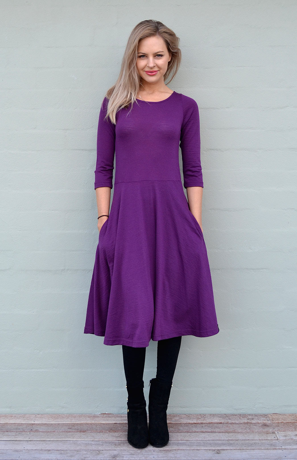 Boysenberry Purple Women&#39;s Merino Wool Fit and Flare Dress with 3/4 Sleeves
