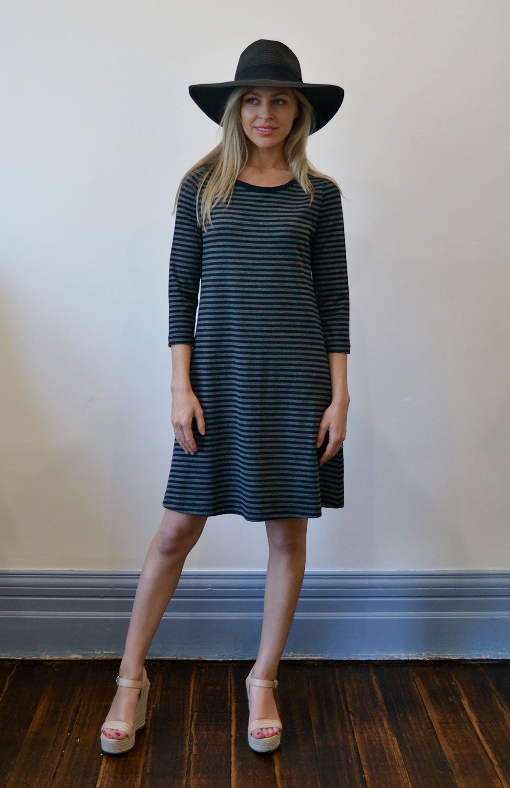 Black Grey Stripe Women&#39;s Merino Wool Swing Dress
