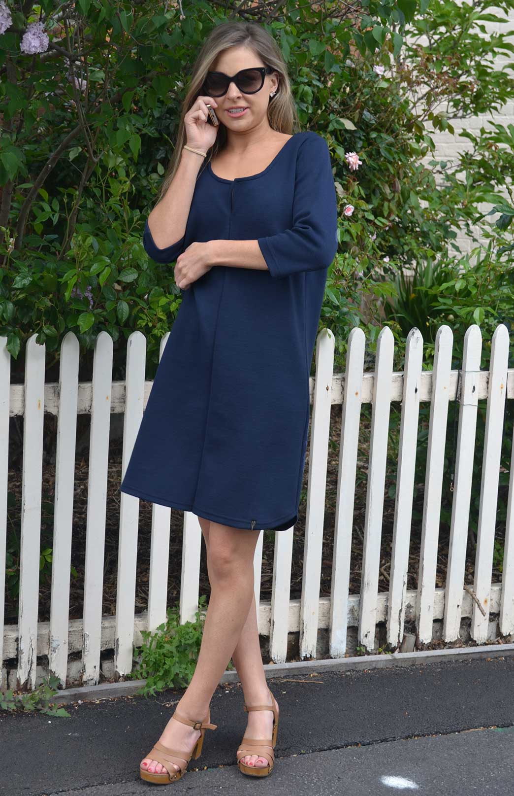 Navy Blue Women&#39;s Merino Wool 3/4 Sleeve Shift Dress
