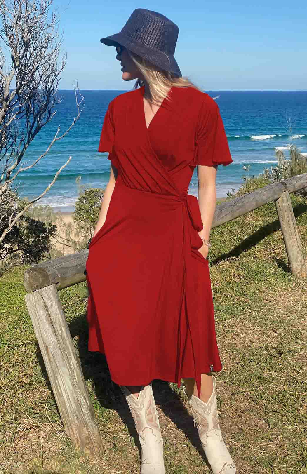 French Navy Blue Women&#39;s Short Sleeve Merino Wool Wrap Dress
