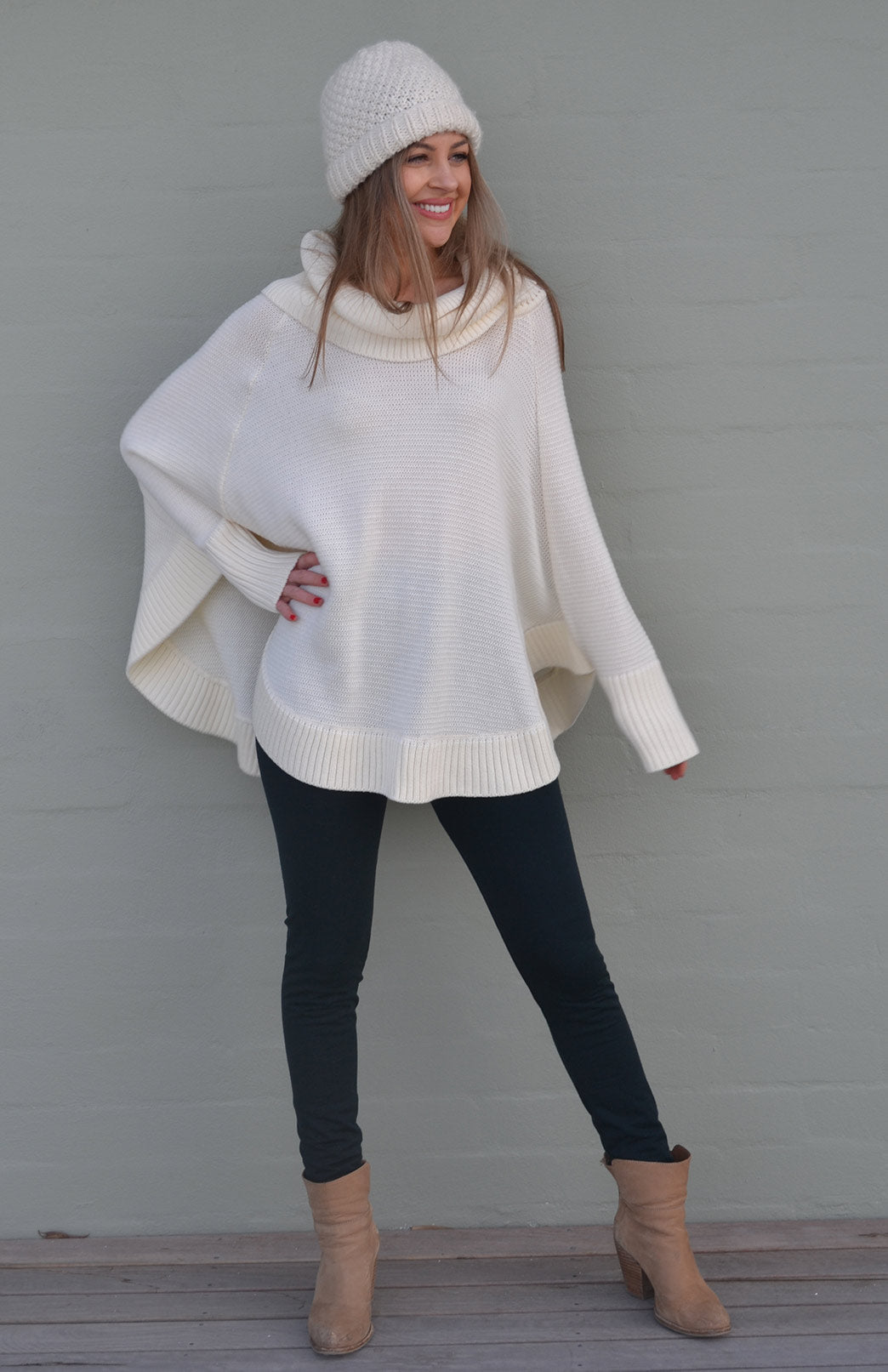 Women's White Cable Sweater, Grey Wool Leggings, White High Top