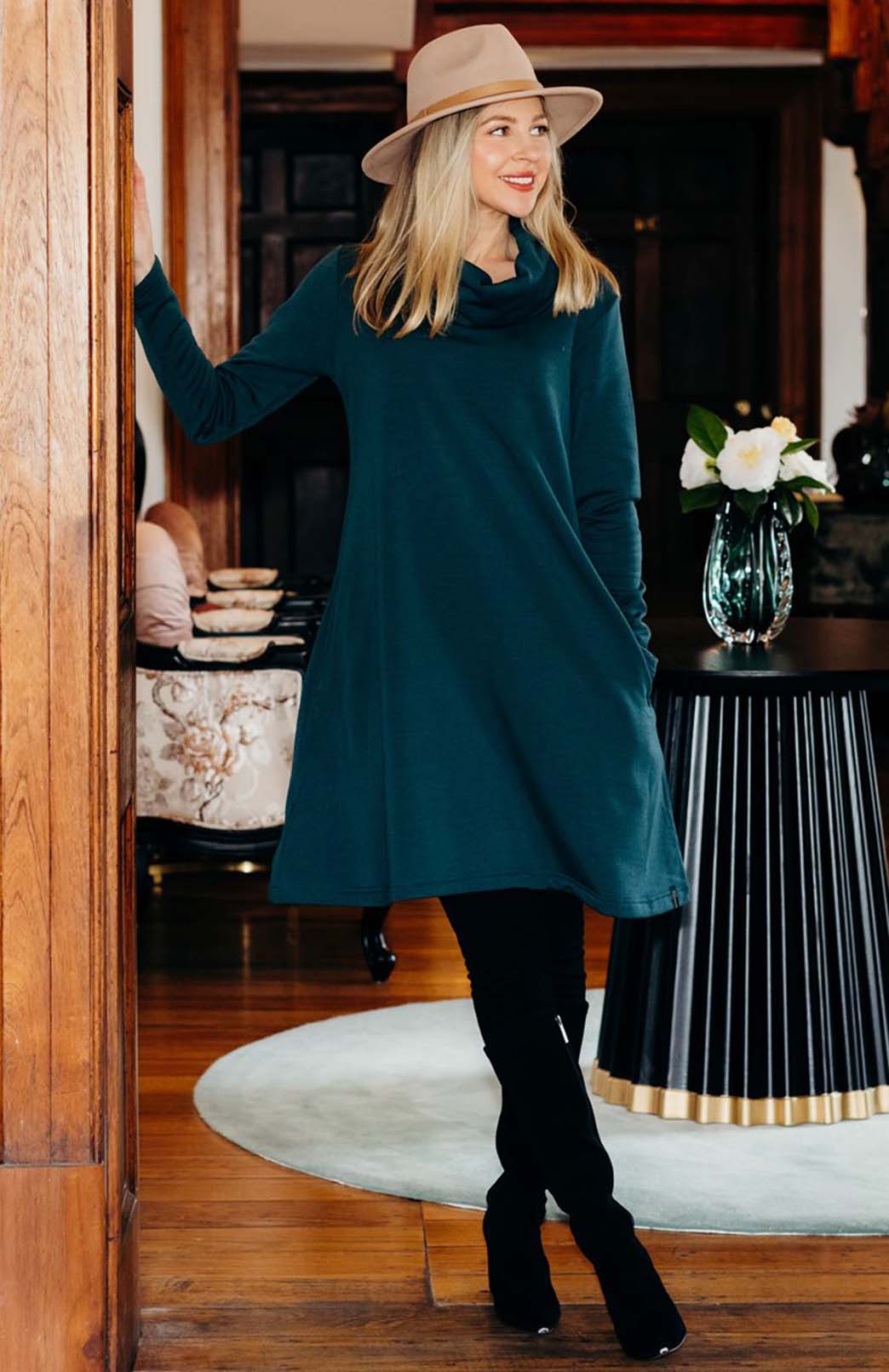 Deep Sea Green Women&#39;s Merino Wool Cowl Neck Fleece Swing Dress with Pockets
