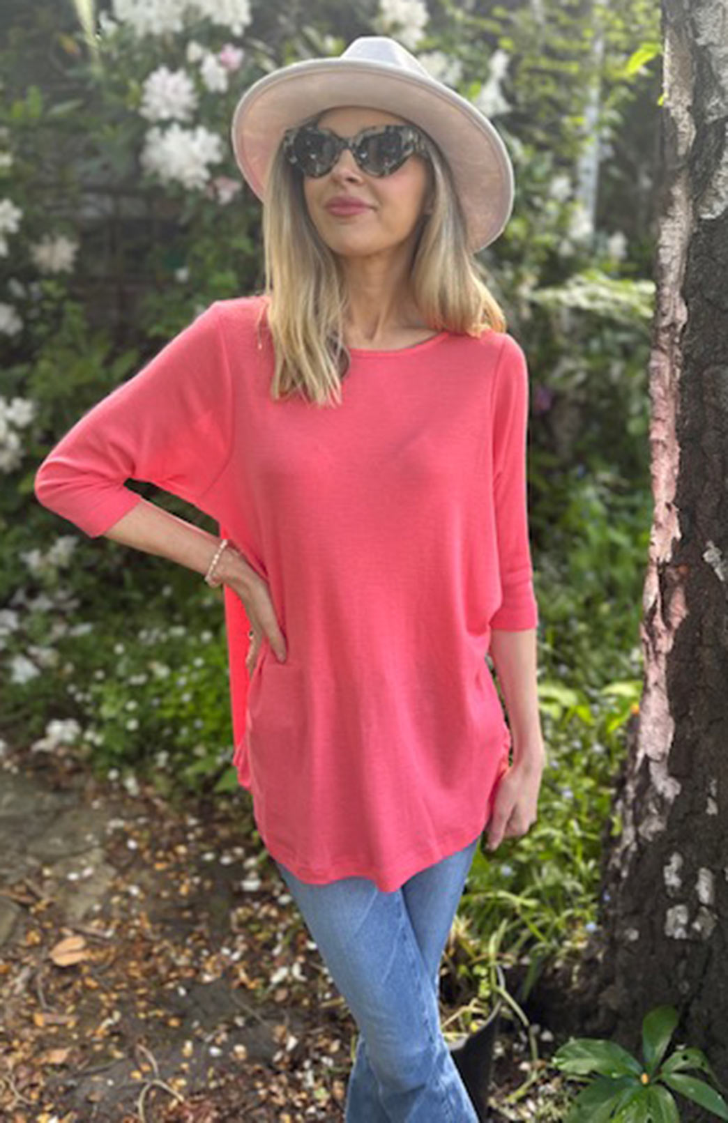 Hot Pink Women&#39;s Merino Wool Flutter Top with 3/4 Sleeves
