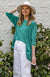 Verde Jade Green Women&#39;s Merino Wool Flutter Top with 3/4 Sleeves
