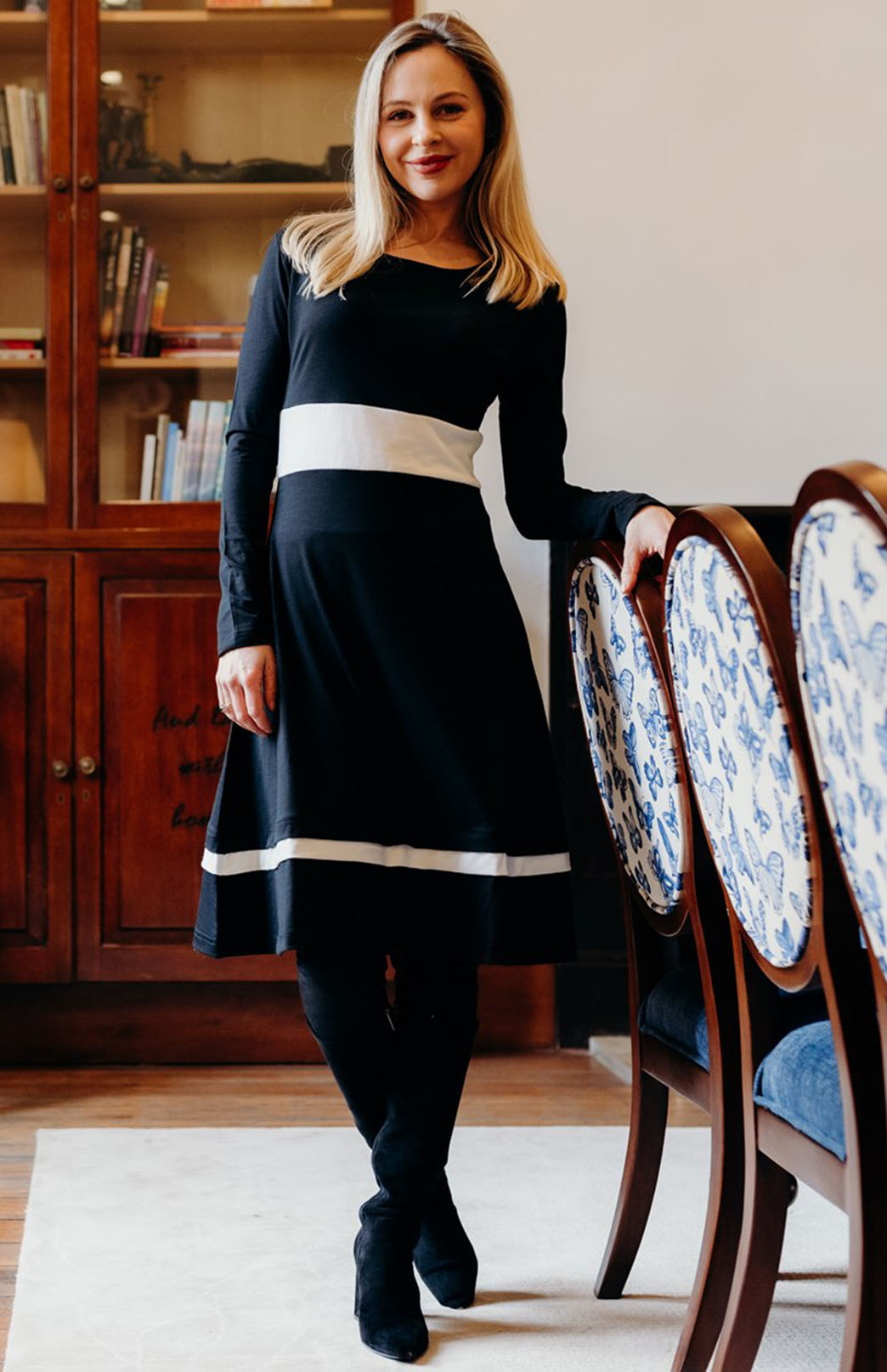 Black & Ivory Women&#39;s Merino Wool Long Sleeve Fitted Dress
