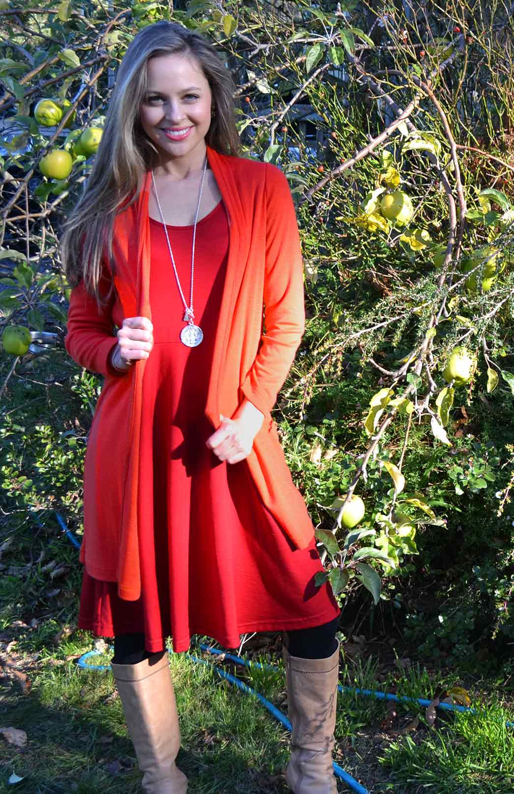 Red dress and on sale cardigan