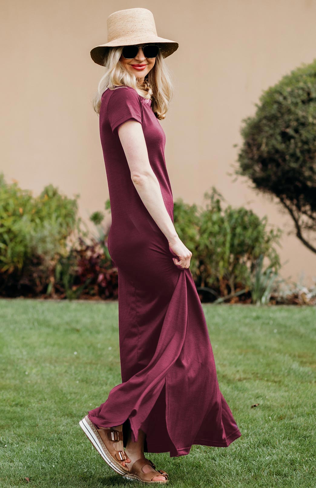 Burgundy Red Women&#39;s Merino Wool Maxi Dress with Side Split
