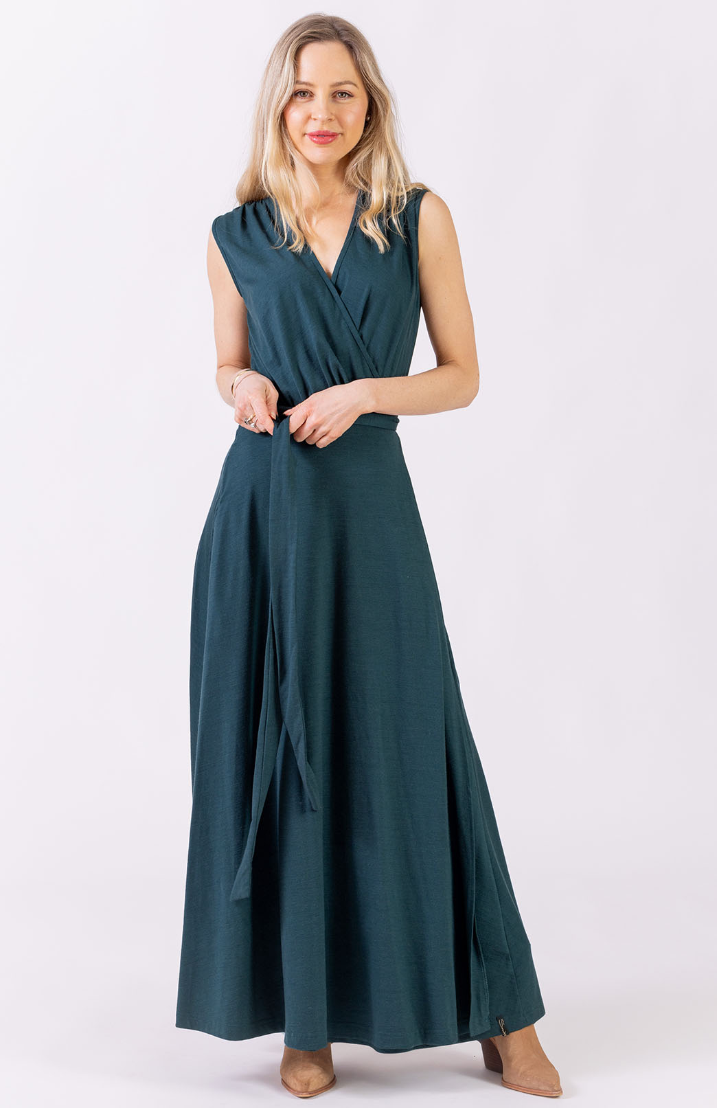 Deep Sea Green Women&#39;s Sleeveless Merino Wool Maxi Wrap Dress
