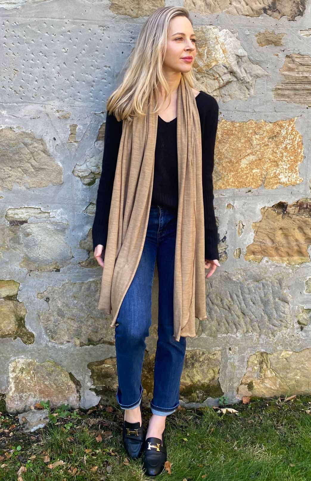 Gold Marl Unisex Merino Wool &amp;amp; Tencel Plain Lightweight Scarf
