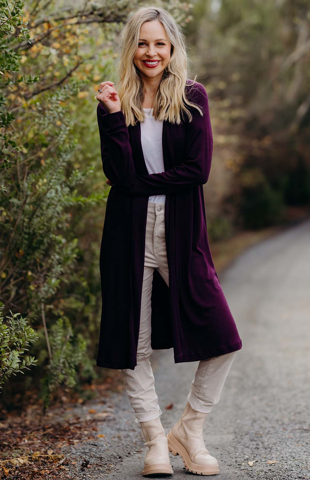 Aubergine Purple Women&#39;s Merino Wool Long Drape Cardigan
