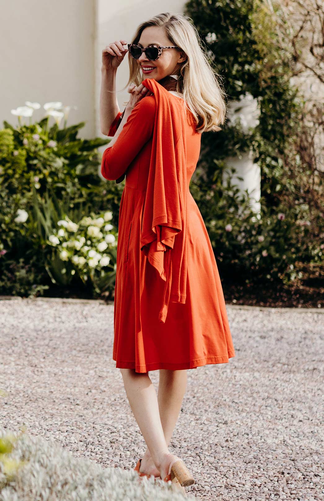 Burnt orange fit and flare clearance dress