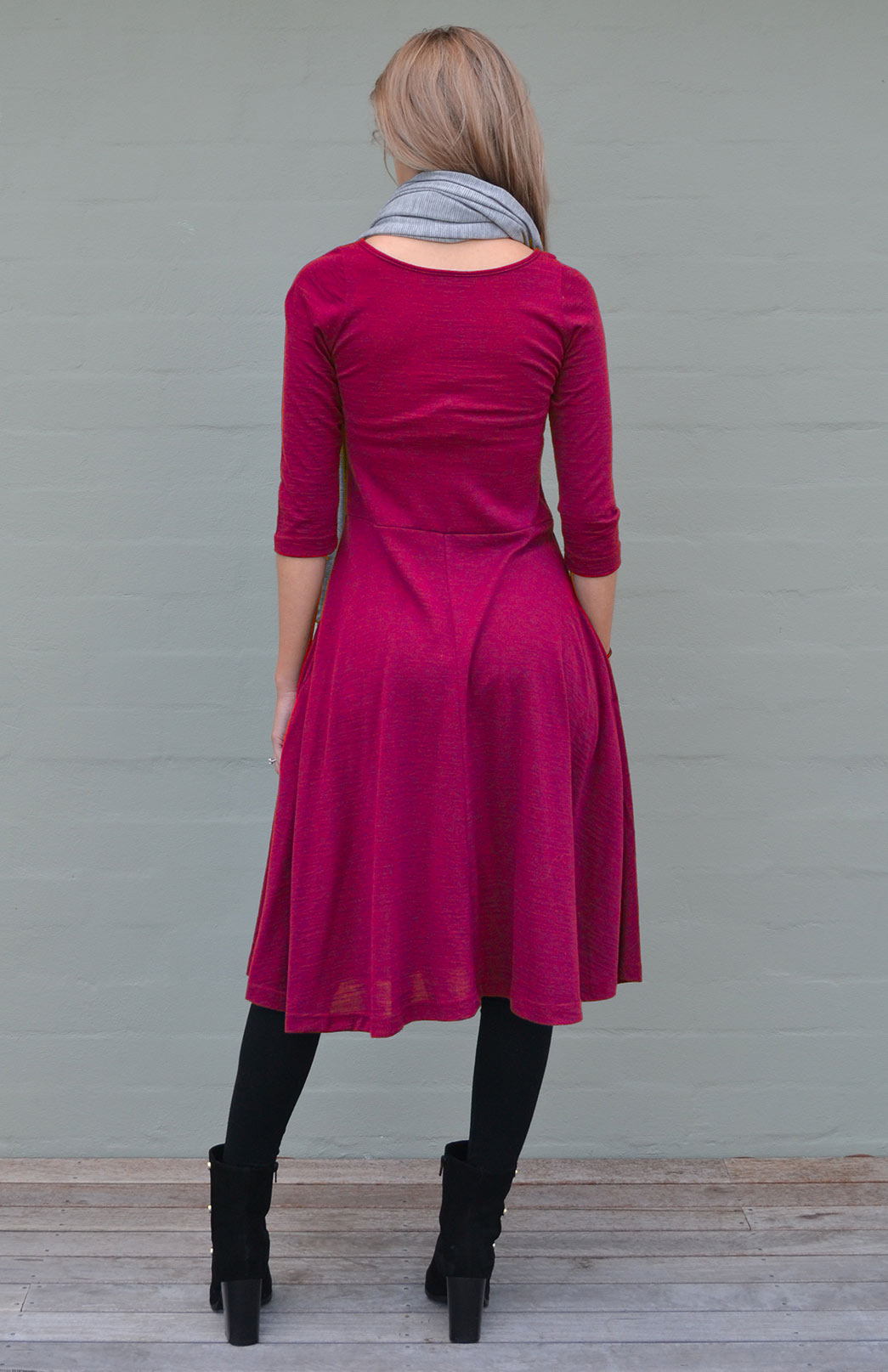 Magenta Women&#39;s Merino Wool Fit and Flare Dress with 3/4 Sleeves
