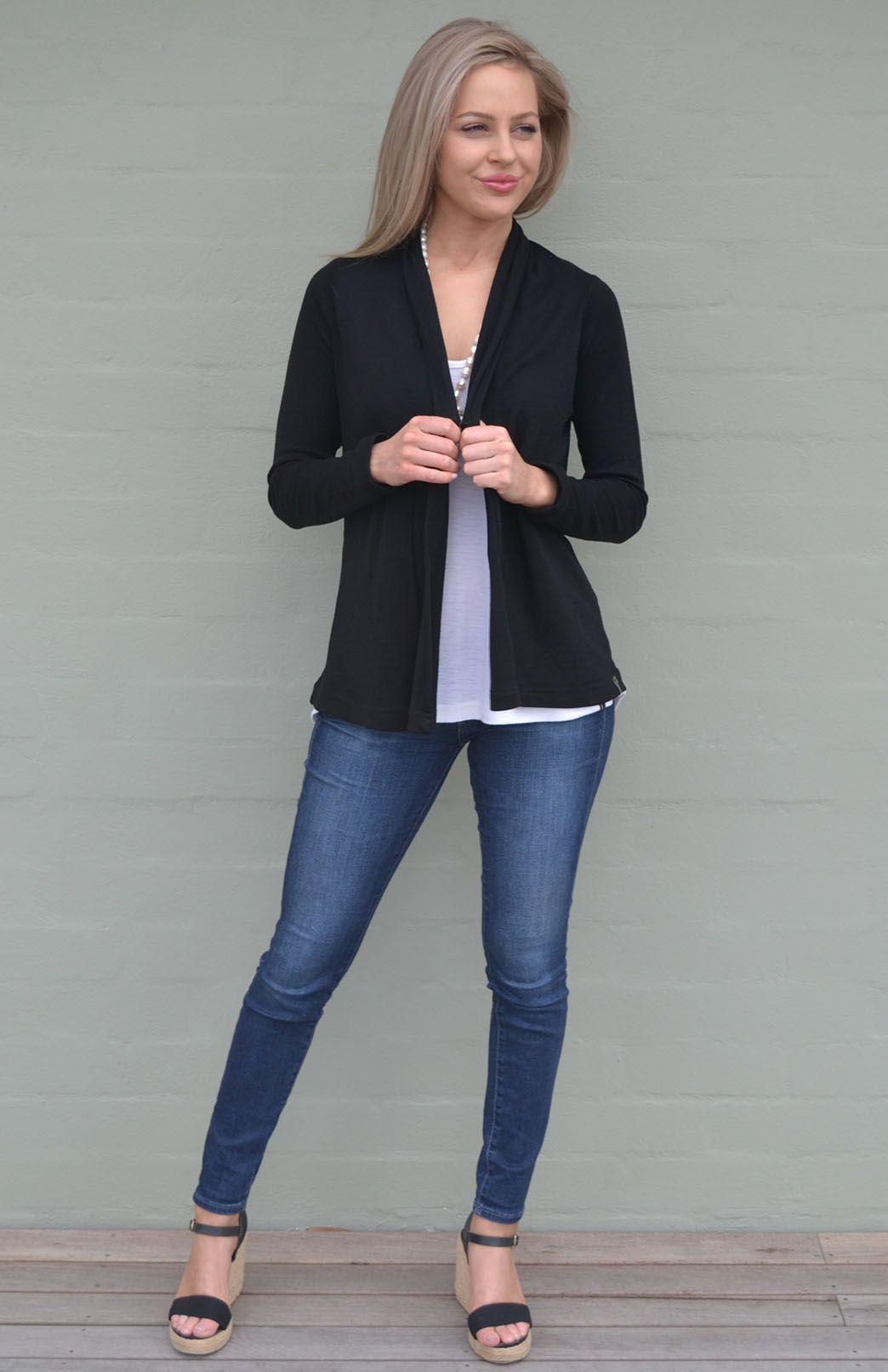 Black Women&#39;s Merino Wool Mini Drape Cardigan
