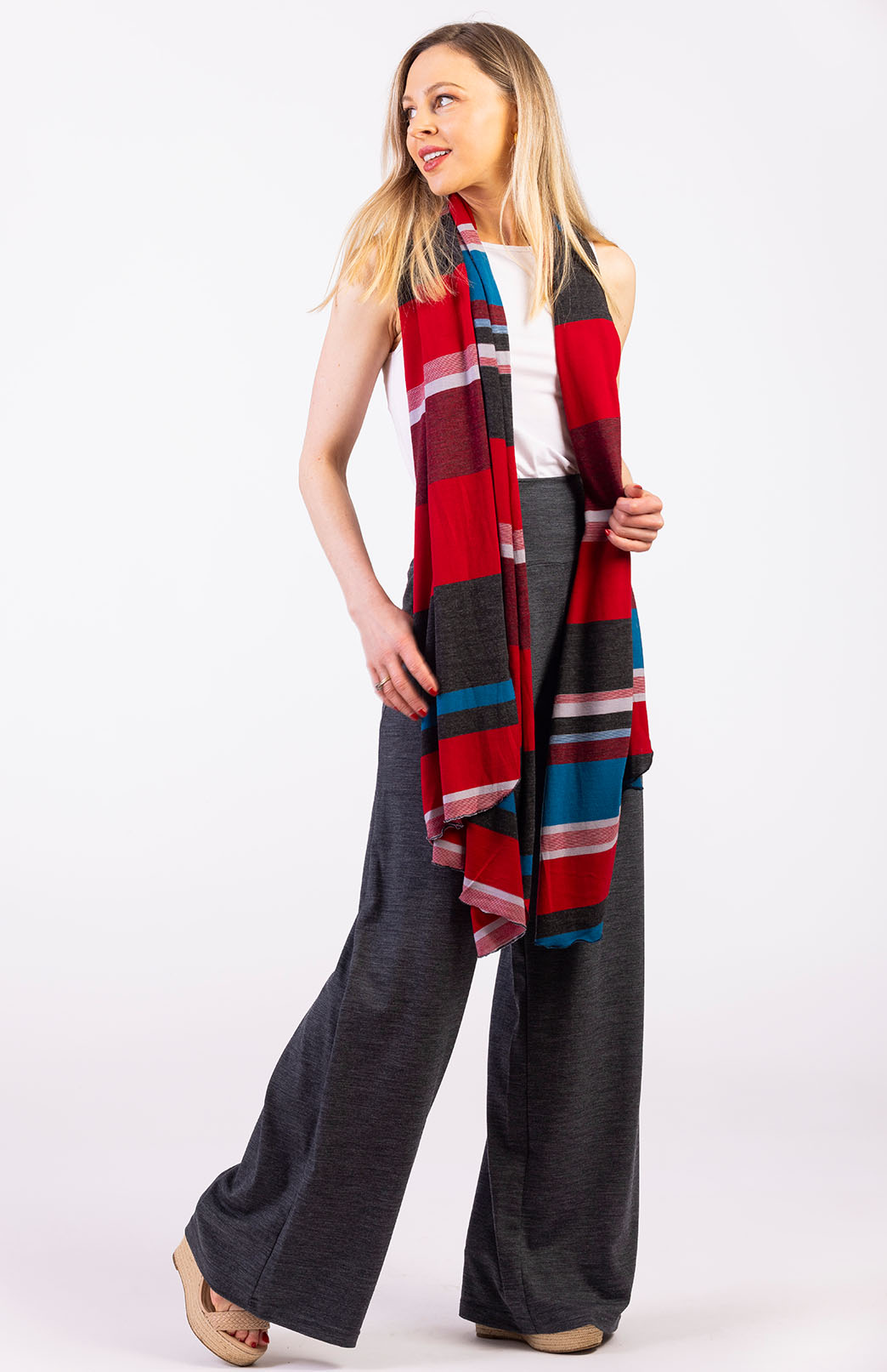 Teal Chilli Red Multi Stripe Women&#39;s Merino Wool Multi Striped Scarf
