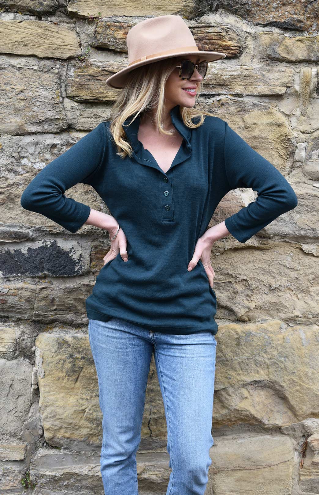 Deep Sea Green .Women&#39;s Merino Wool Collared 7/8 Sleeve Top with Buttons
