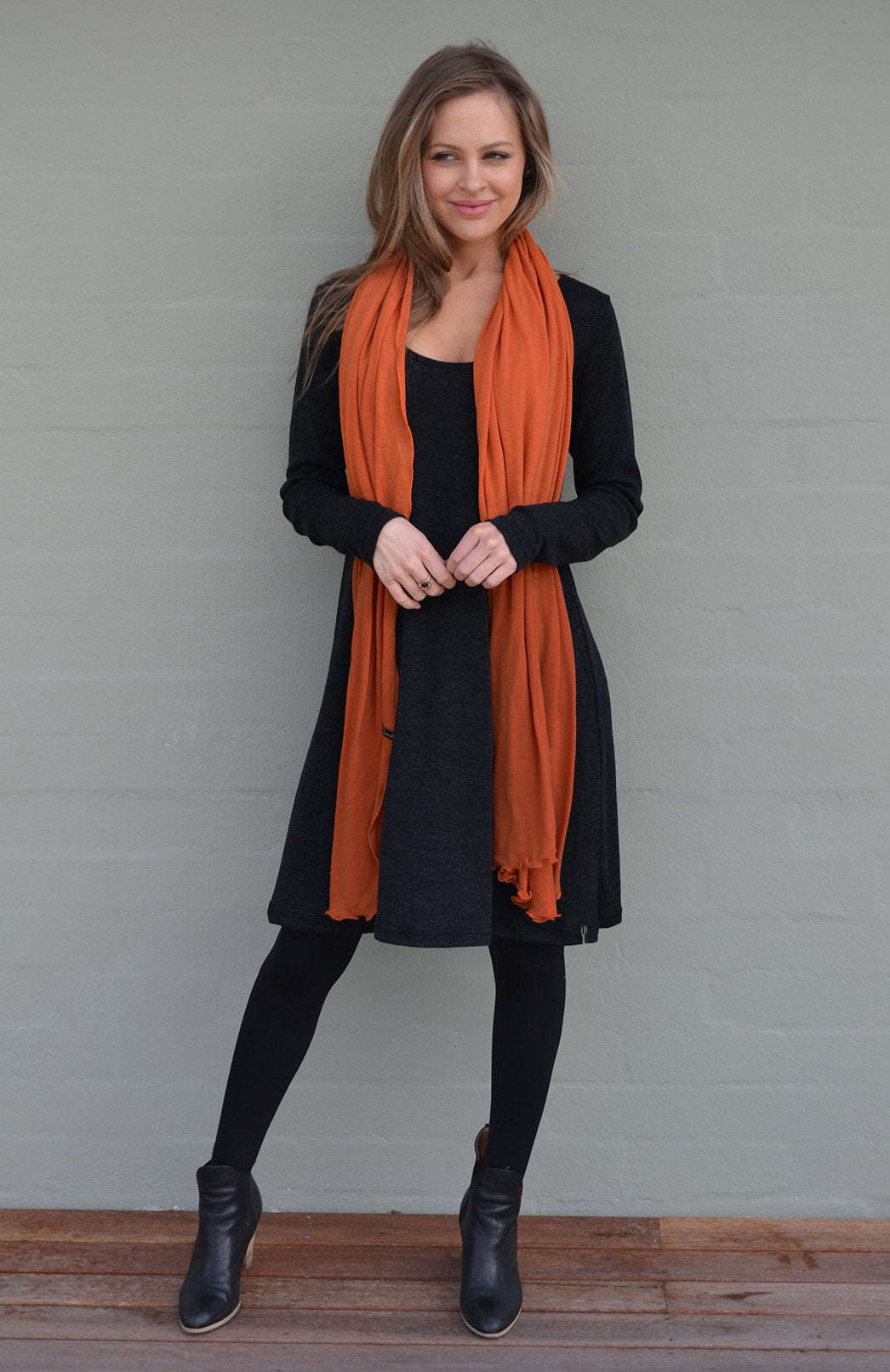 Burnt Orange Women&#39;s Merino Wool Swing Dress with Long Sleeves
