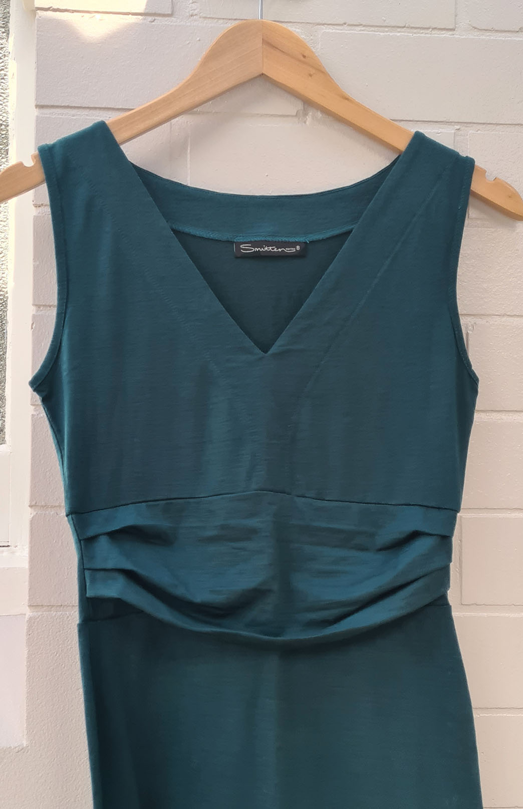 Deep Sea Green Women&#39;s Merino Wool Fitted V-Neck Sleeveless Dress
