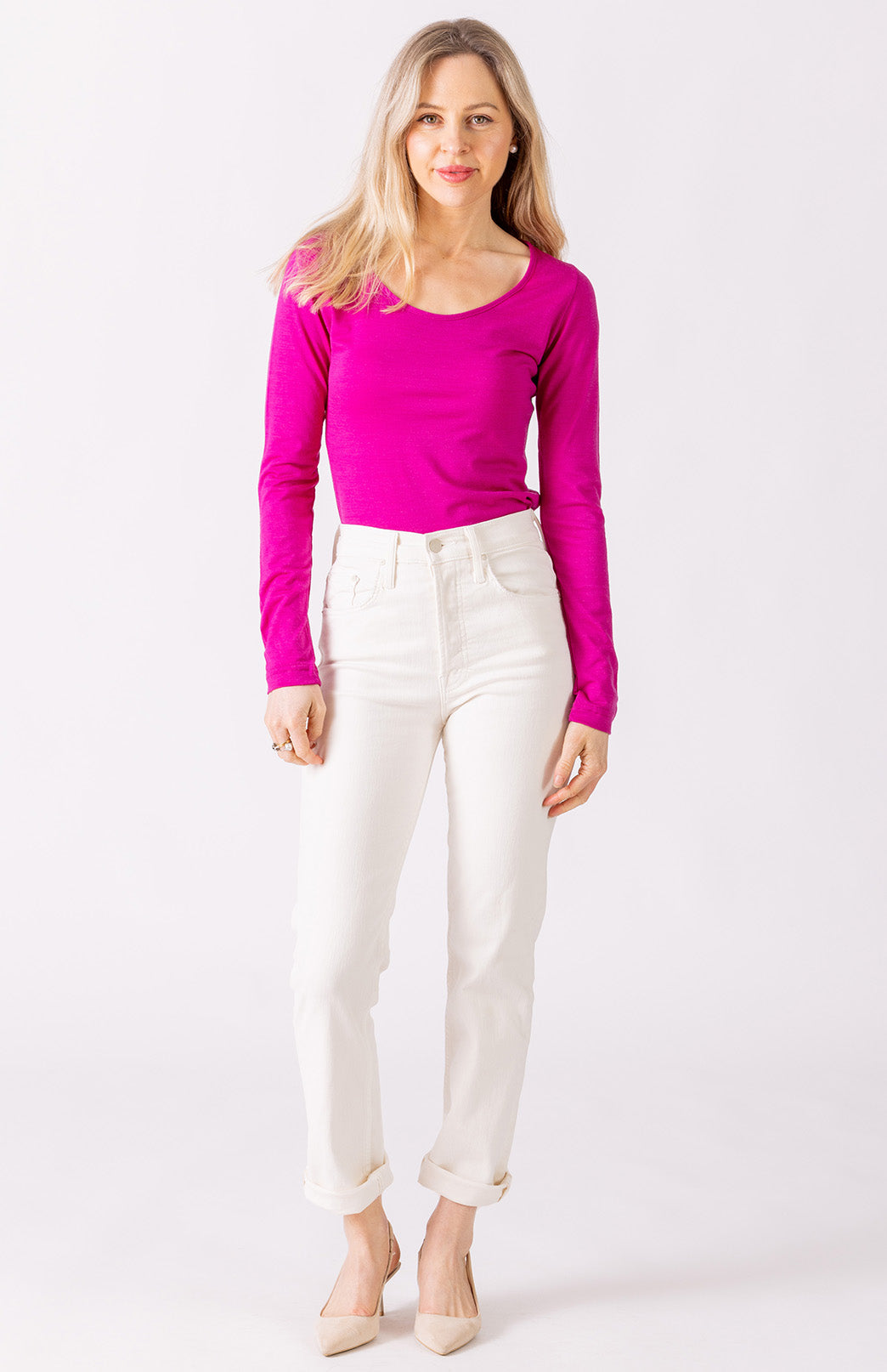 Fuchsia Pink Women&#39;s Merino Wool Long Sleeve Fashion &amp;amp; Layering Top
