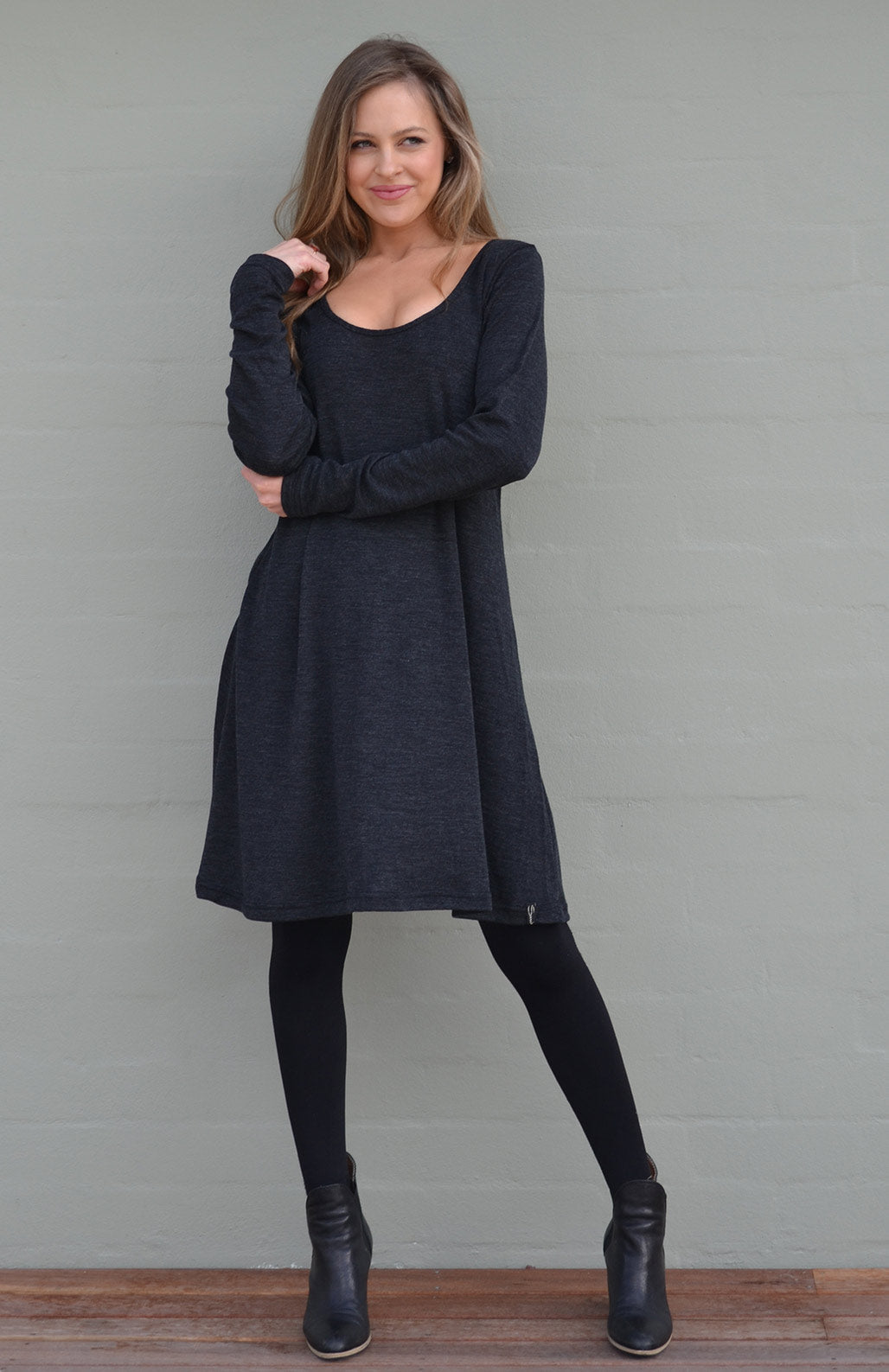 Charcoal Marl Women&#39;s Merino Wool Swing Dress with Long Sleeves
