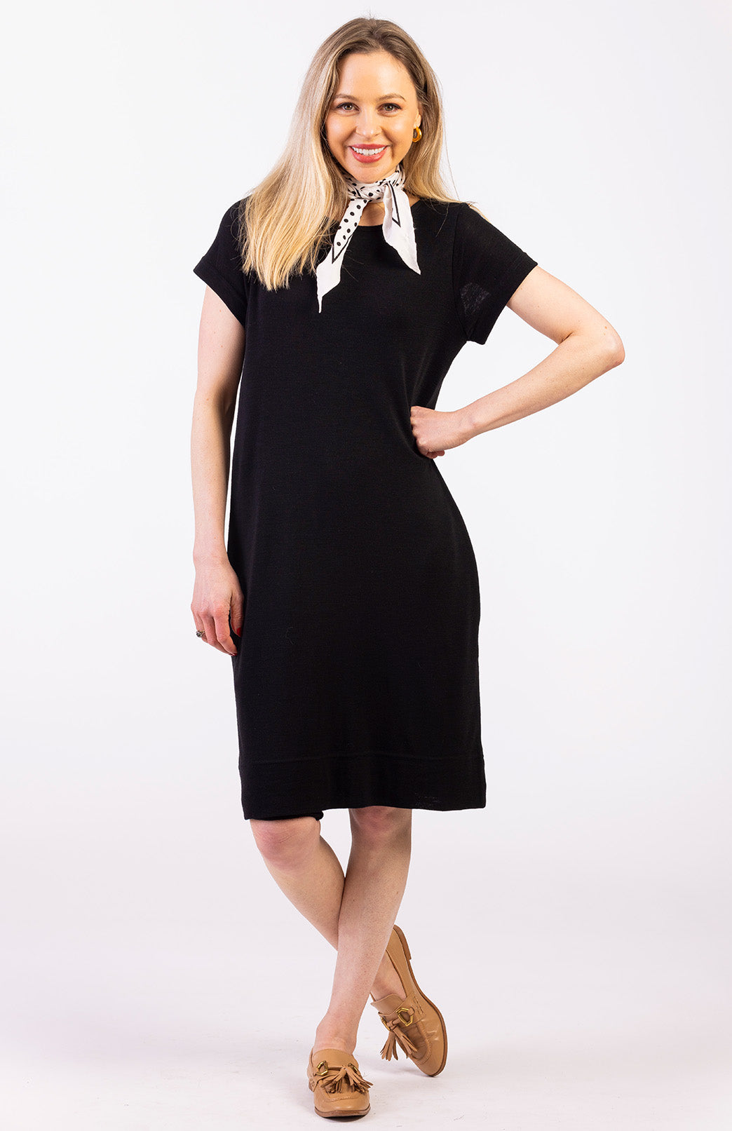 Black Women&#39;s Merino Wool Shift Dress with Short Sleeves
