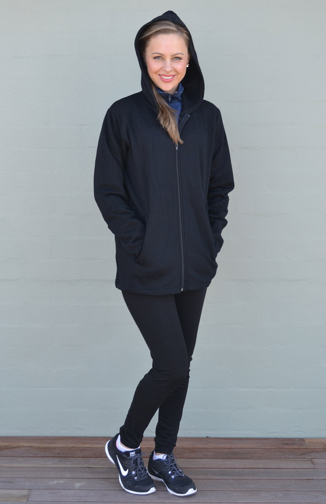 Black 100% Merino Wool Fleece Jacket with Hood
