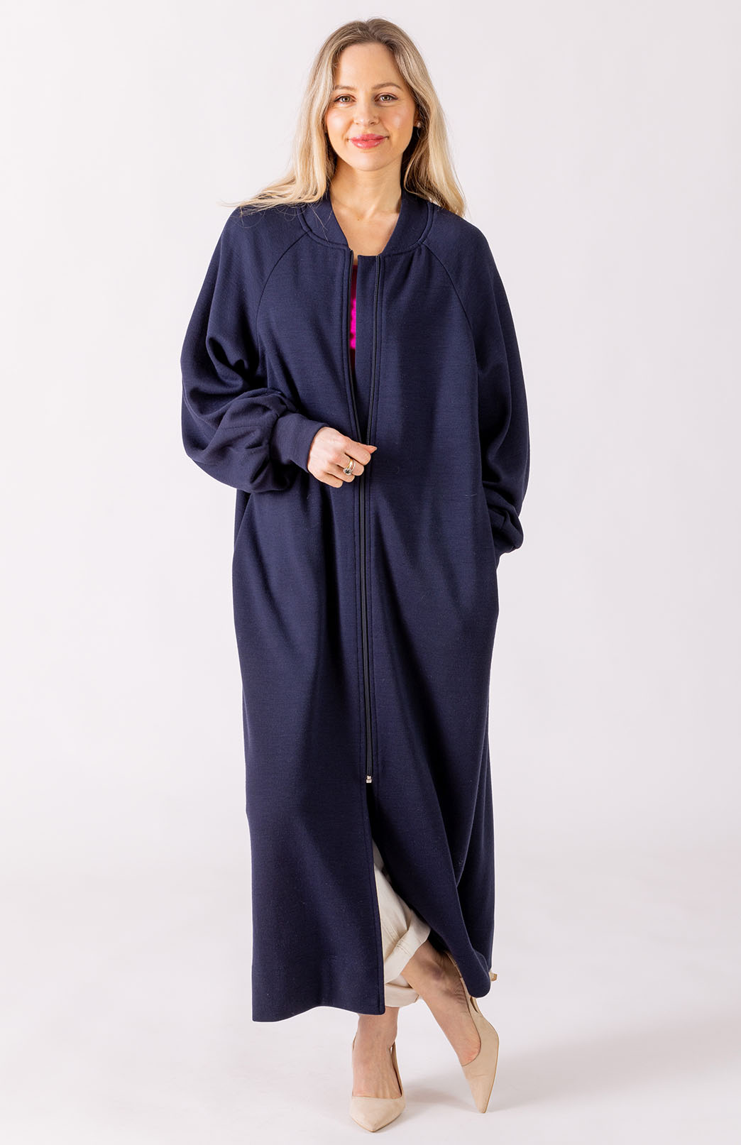 French Navy Blue Women&#39;s Superfine Merino Wool Zip Front Coat
