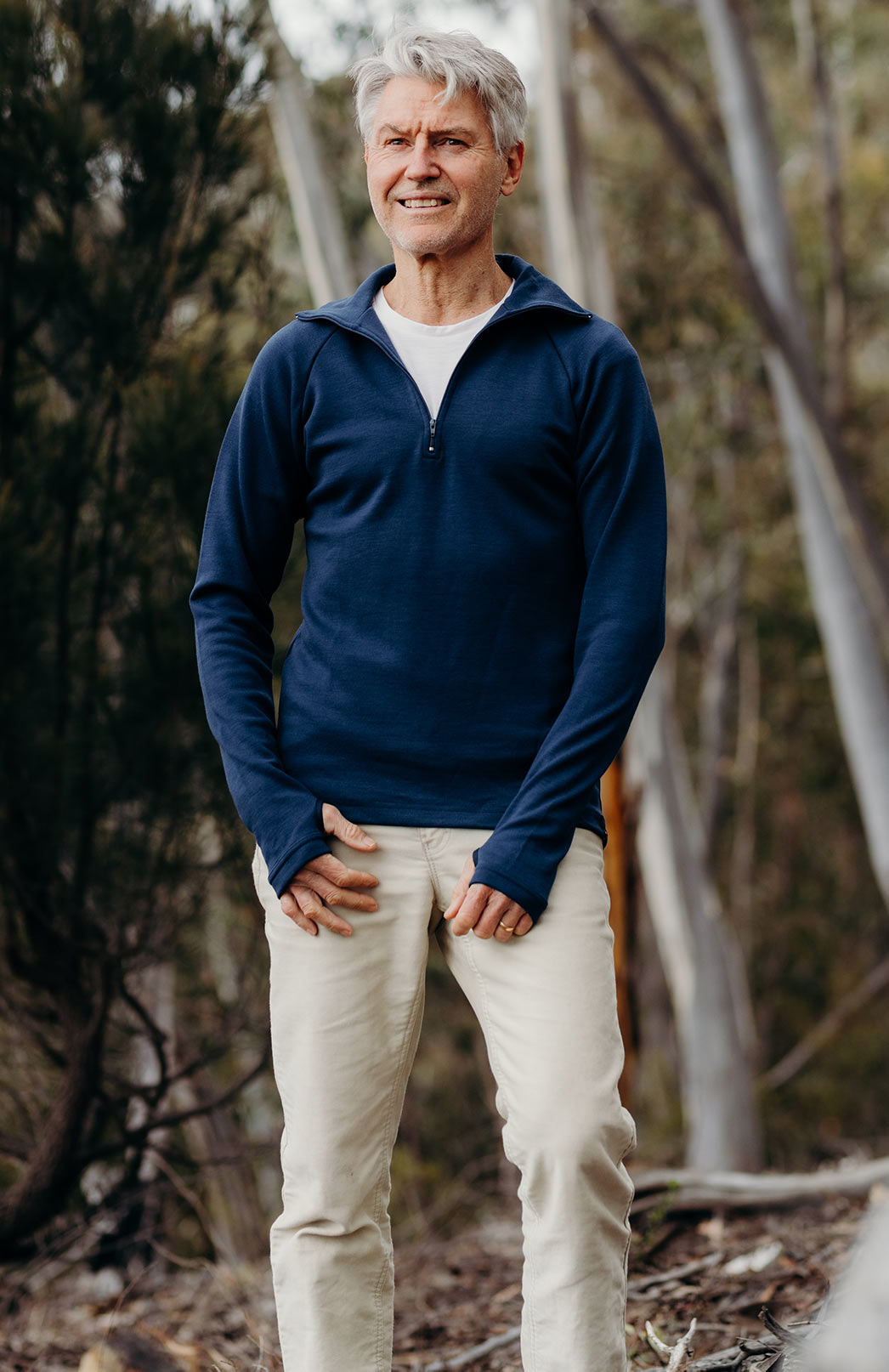 Navy Blue Men&#39;s Merino Wool Zip Neck Top
