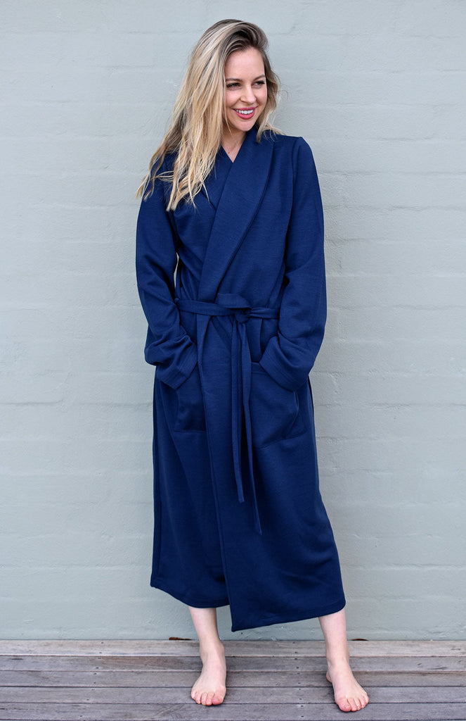 Navy Cotton Full Zip Dressing Gown