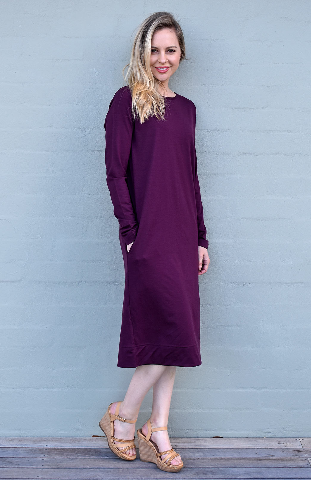 Aubergine Purple Classic Merino Wool Shift Dress with Long Sleeves
