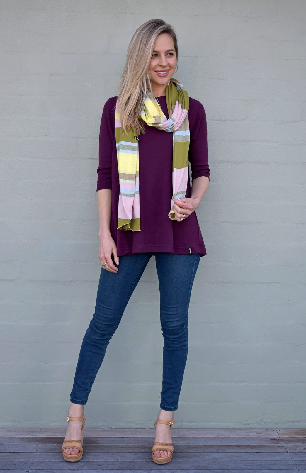 Aubergine Purple Women&#39;s Merino Wool Flutter Top with 3/4 Sleeves
