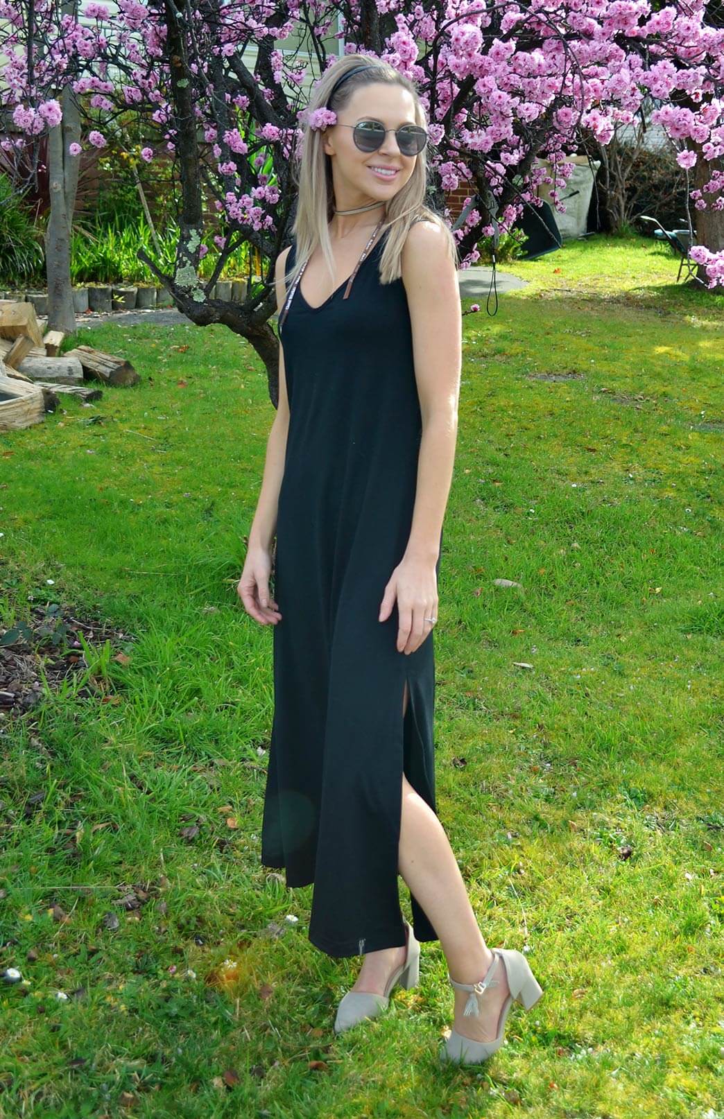 Black Women&#39;s V-Neck Lightweight Merino Wool Maxi Dress with side spit
