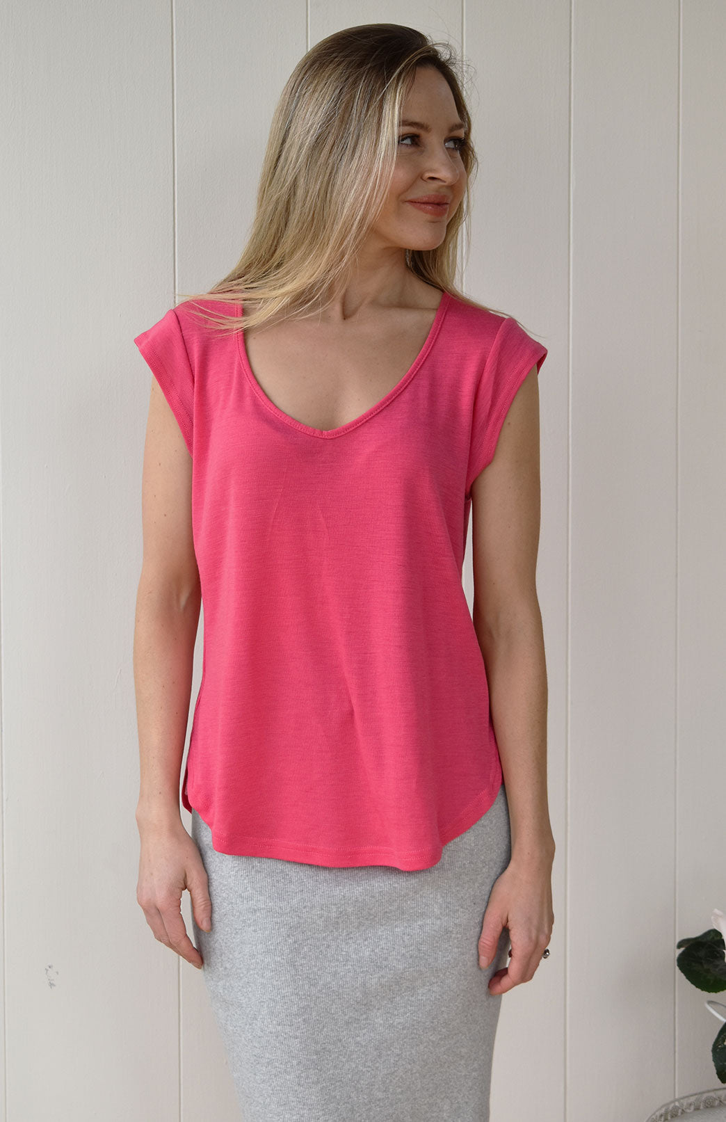 Lipstick Pink Women&#39;s Merino Wool Cap Sleeve T-Shirt
