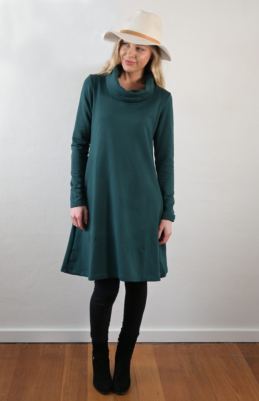 Deep Sea Green Women&#39;s Merino Wool Blend Cowl Neck Fleece Swing Dress with Pockets
