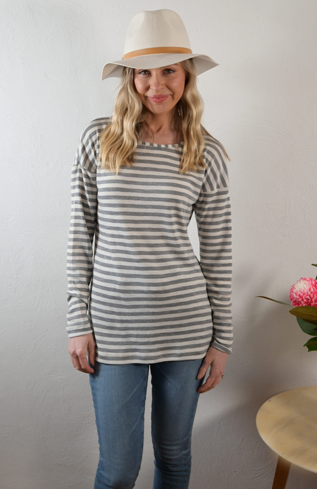 Grey Marl and Ivory Stripe Women&#39;s Merino Wool Long Sleeve Fashion Top
