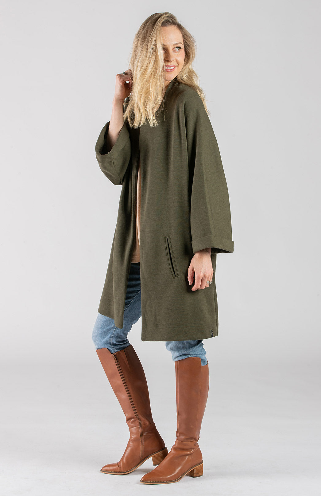 Olive Green Women&#39;s Kimono Style Merino Wool Coat
