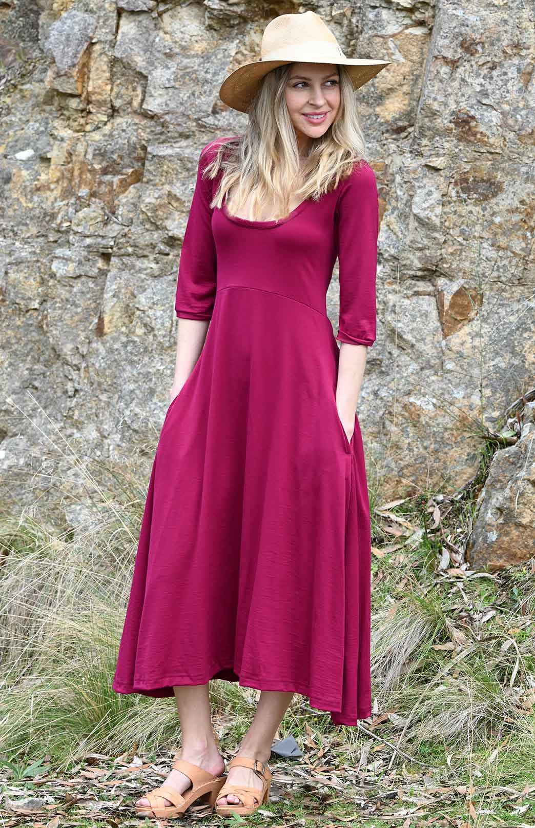 Magenta Women&#39;s Scoop Neck Empire Waist Merino Wool Midi Length Dress
