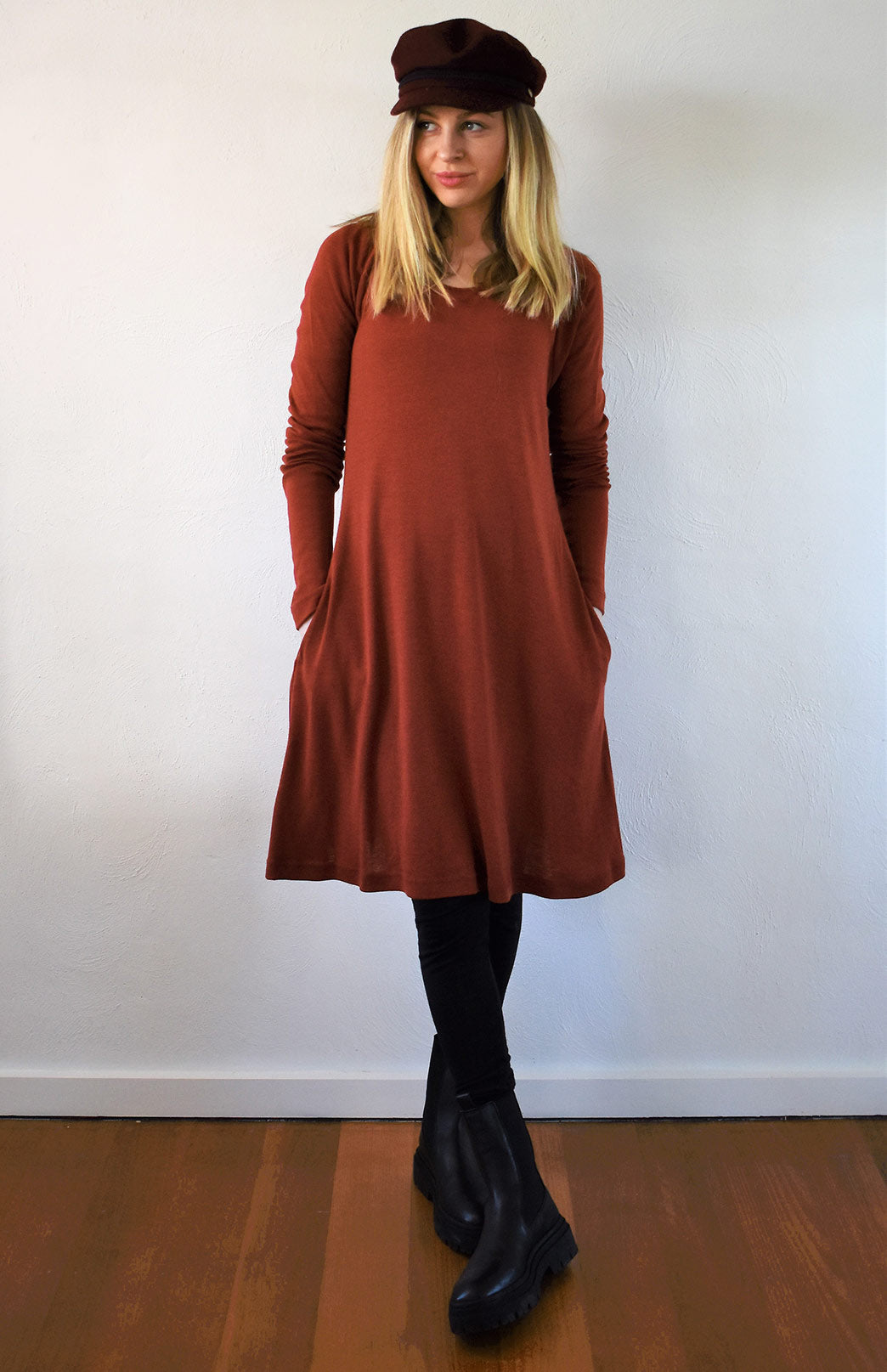 Shiraz Red Women&#39;s Merino Wool Swing Dress with Long Sleeves
