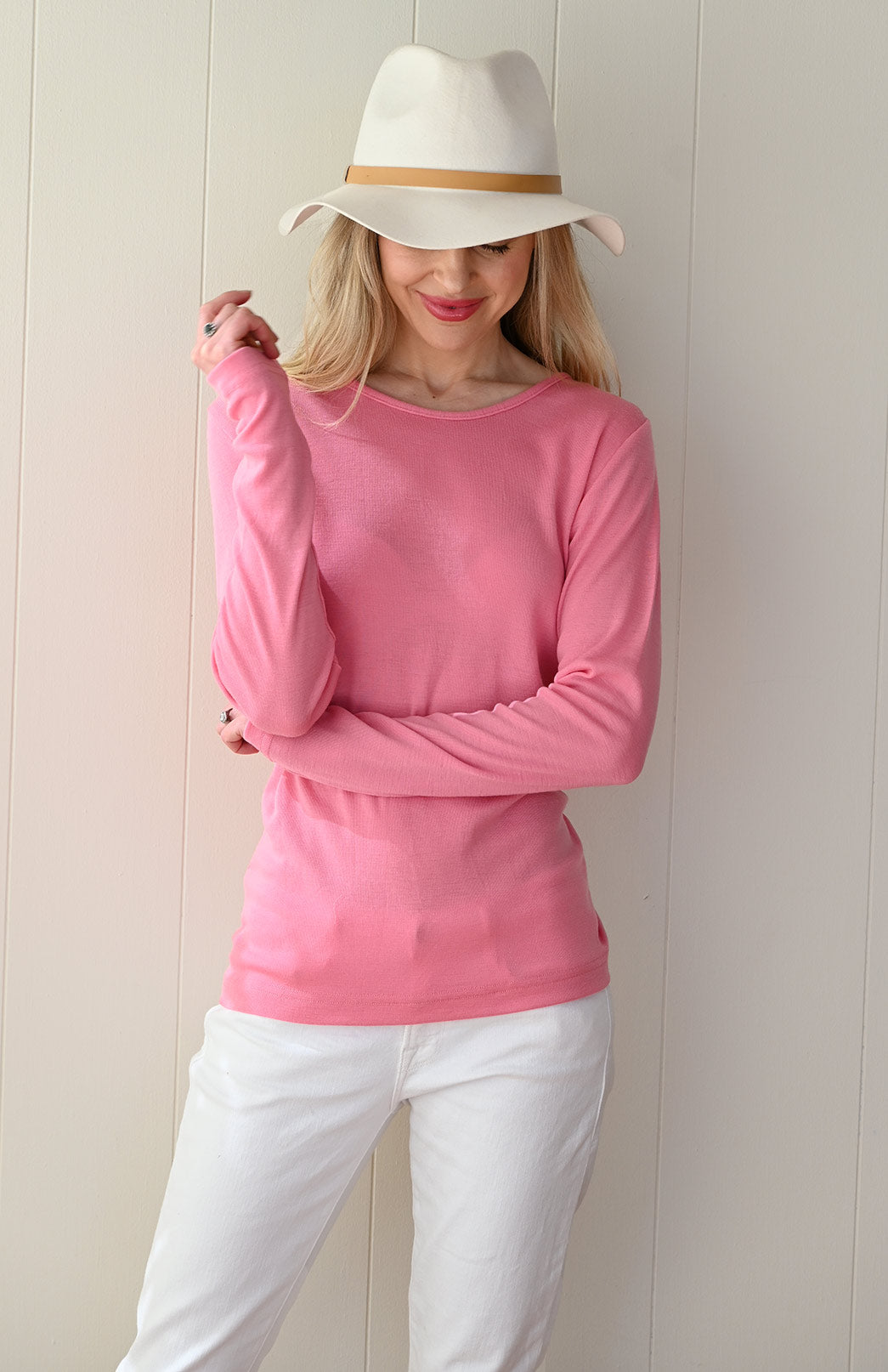 Carnation Pink Women&#39;s Merino Wool Long Sleeve Fashion &amp;amp; Layering Top
