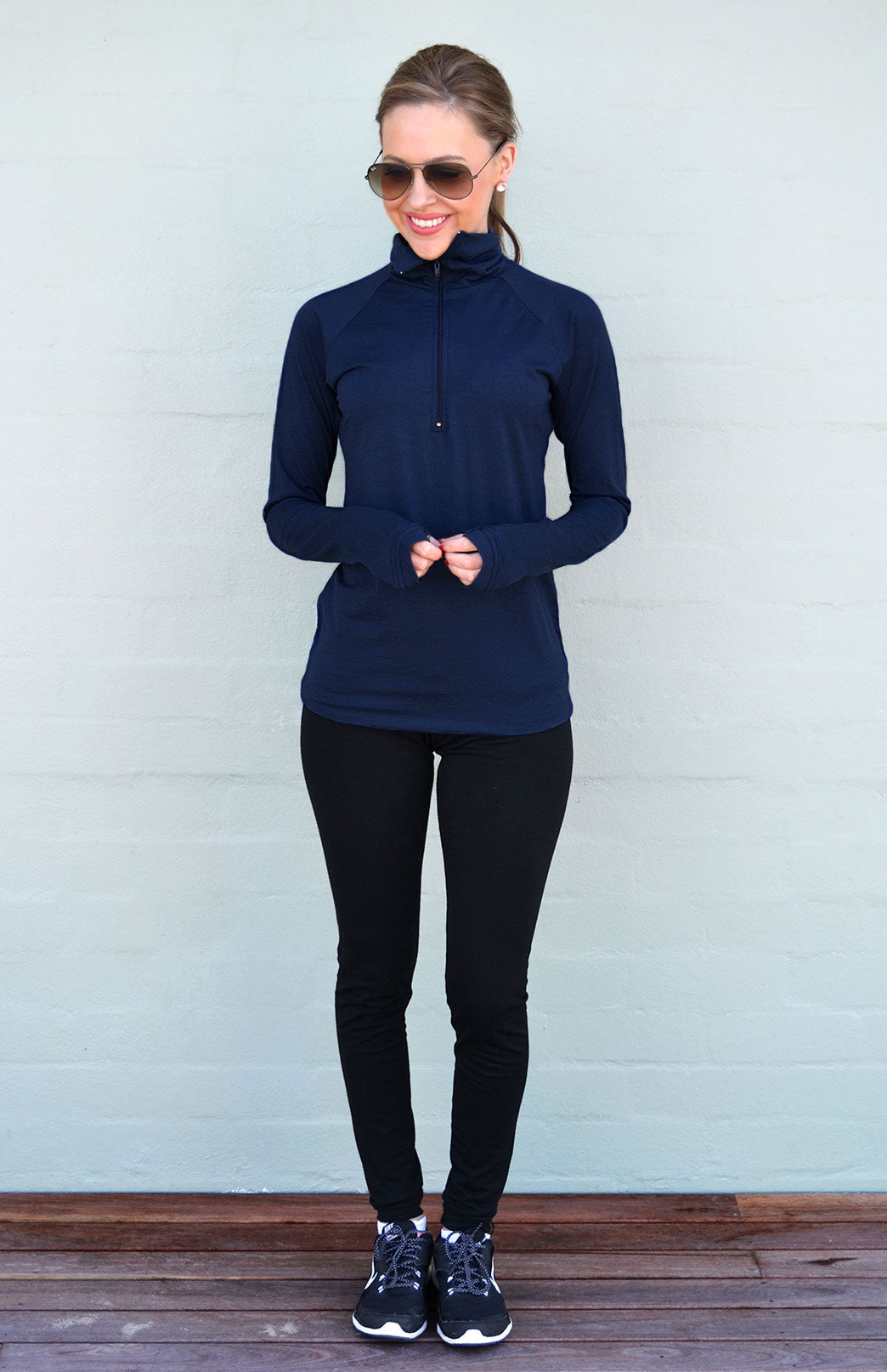 Navy Blue Women&#39;s Merino Wool Zip Neck Top
