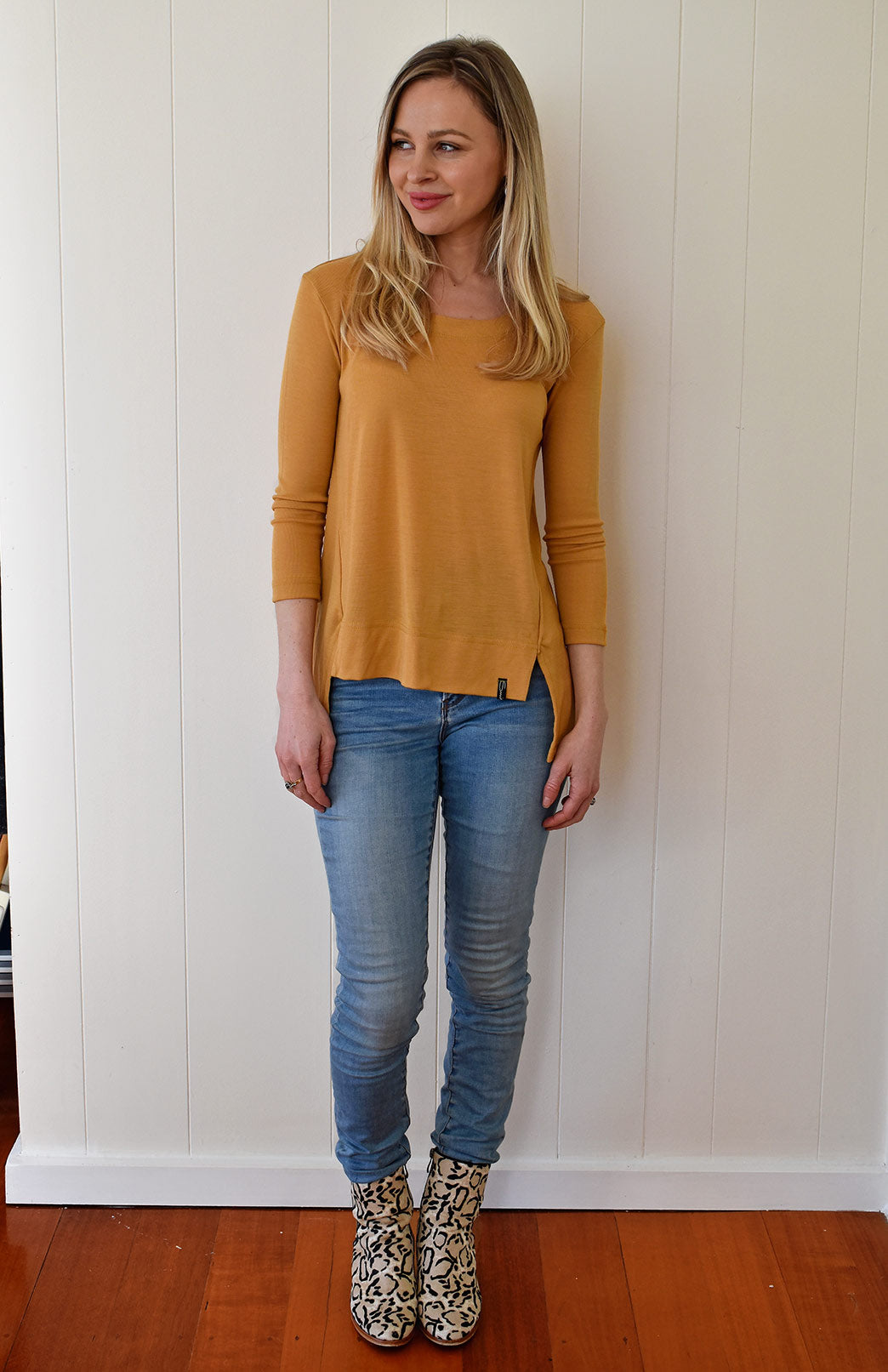 Mustard Yellow Women&#39;s Merino Wool High-Low Top with 3/4 Sleeves
