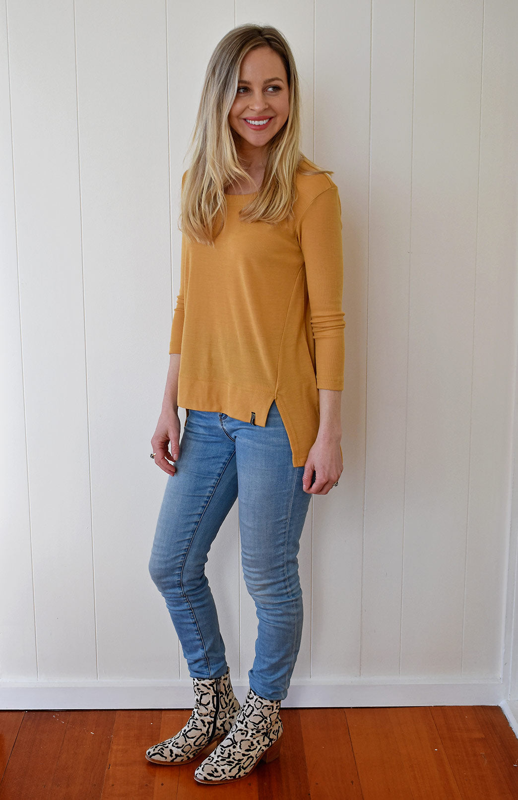 Mustard Yellow Women&#39;s Merino Wool High-Low Top with 3/4 Sleeves
