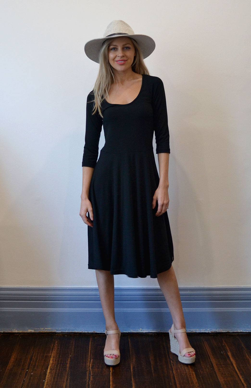3/4 Jackie Dress | Women's Black Merino Wool 3/4 Sleeve Jackie Dress ...