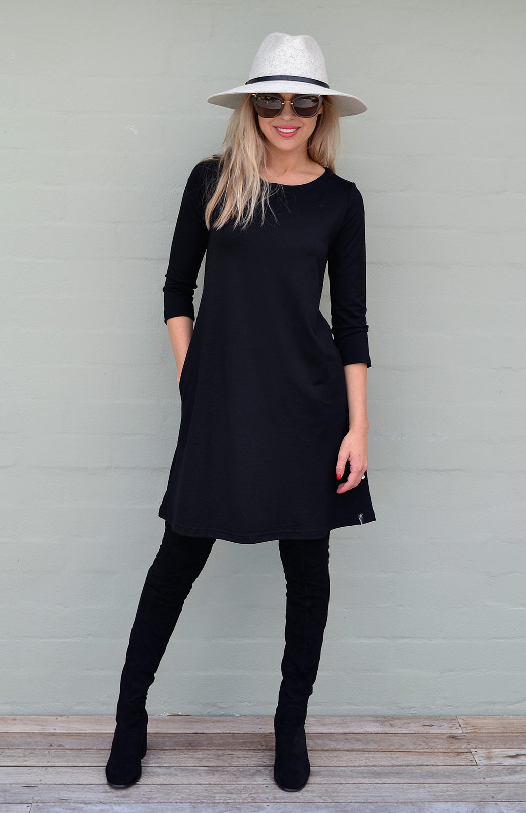 Ellie Dress | Women's Black Superfine Merino Wool Swing Dress with ...