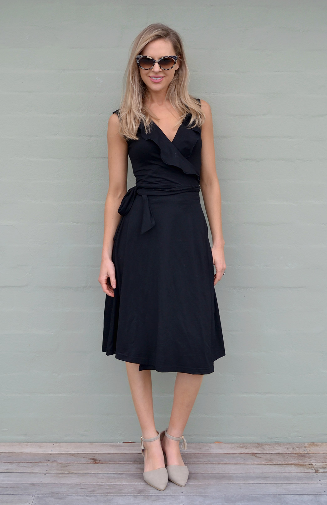 Ophelia Wrap Dress | Women's Summer Sleeveless Black Merino Wool Wrap