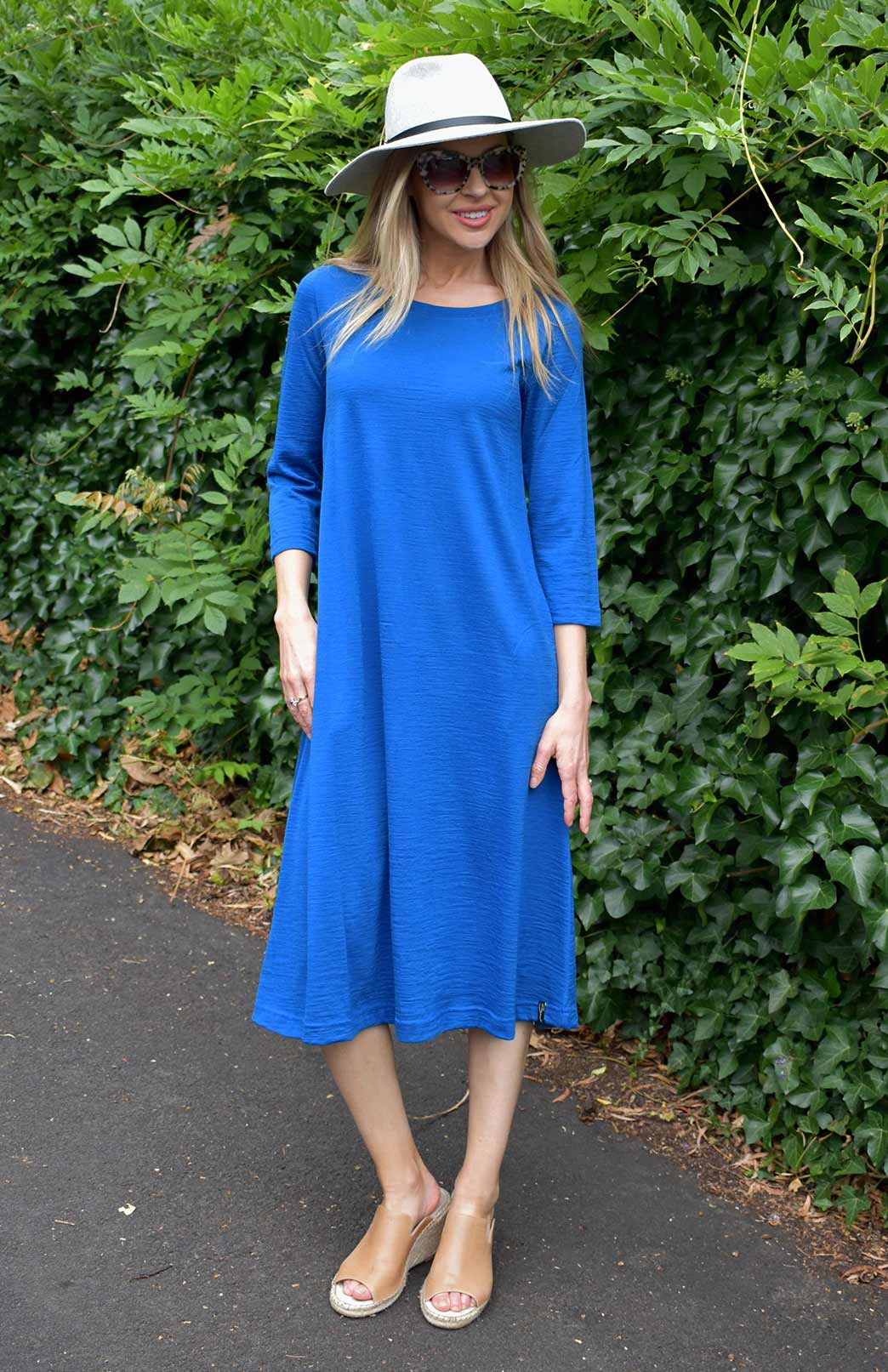 Kelly Dress | Women's Royal Blue Pure Merino Wool A-Line Dress with 3/4 ...